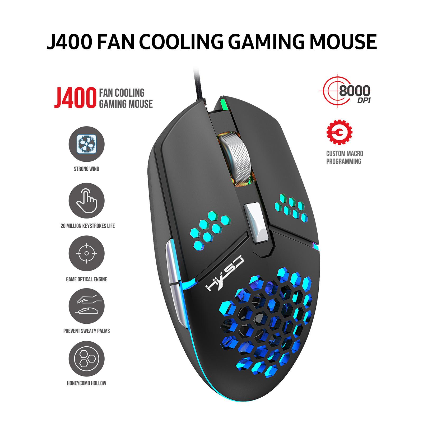 HXSJ J400 Wired Gaming Mouse 6 Buttons Ergonomic Mouse with Cooling Fan 6-level Adjustable DPI for Dsektop Laptop Black