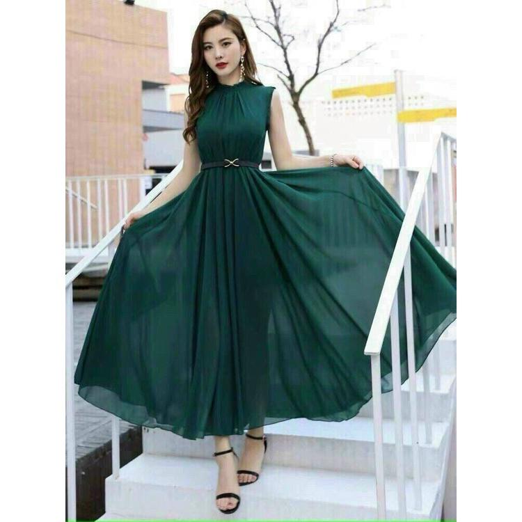Đầm Maxi Cổ Trụ, Kèm Belt Thắt Eo, Màu Xanh Siêu Đẹp, Tôn Da, Sang Trọng