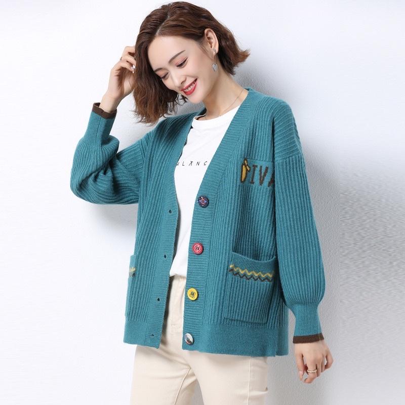 Áo khoác len nữ cardigan cổ V, áo len nữ phối viền cá tính