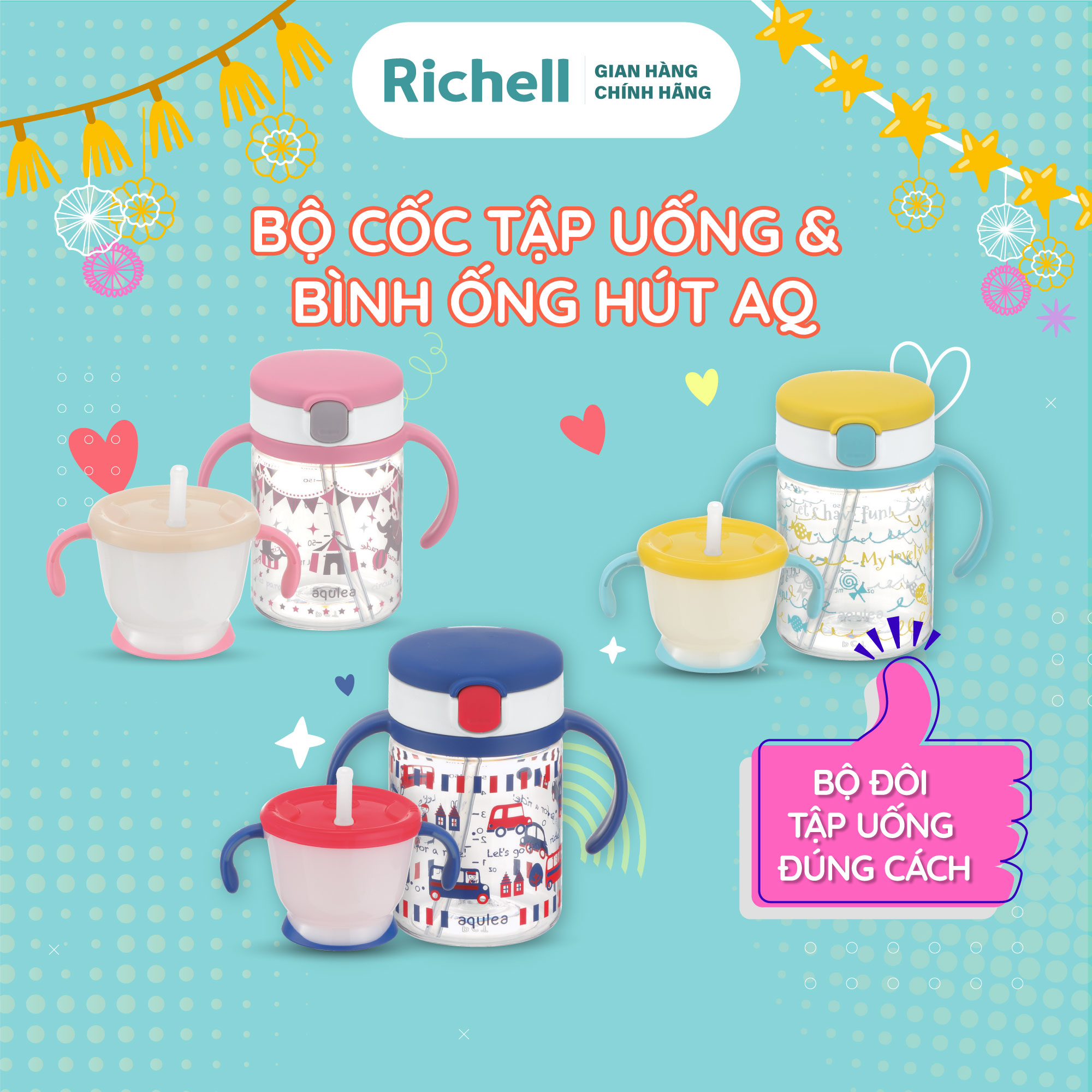 Bộ cốc tập uống 3 giai đoạn AQ & bình ống hút AQ Richell Nhật Bản | Baby