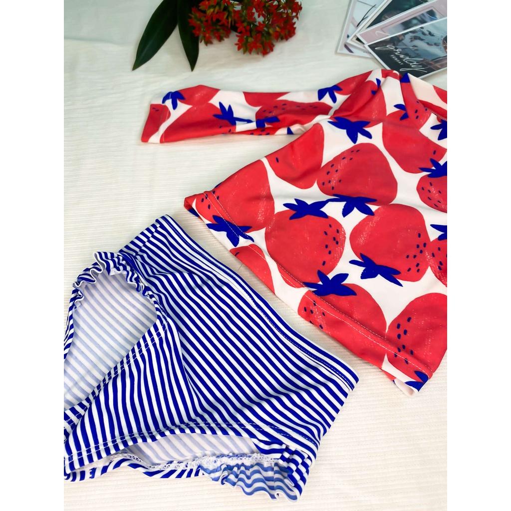 3M-5T Bikini đồ bơi đi biển 2 mảnh trái dâu quần tam giác kẻ sọc bèo nhún bé gái dài tay cổ tròn chống nắng