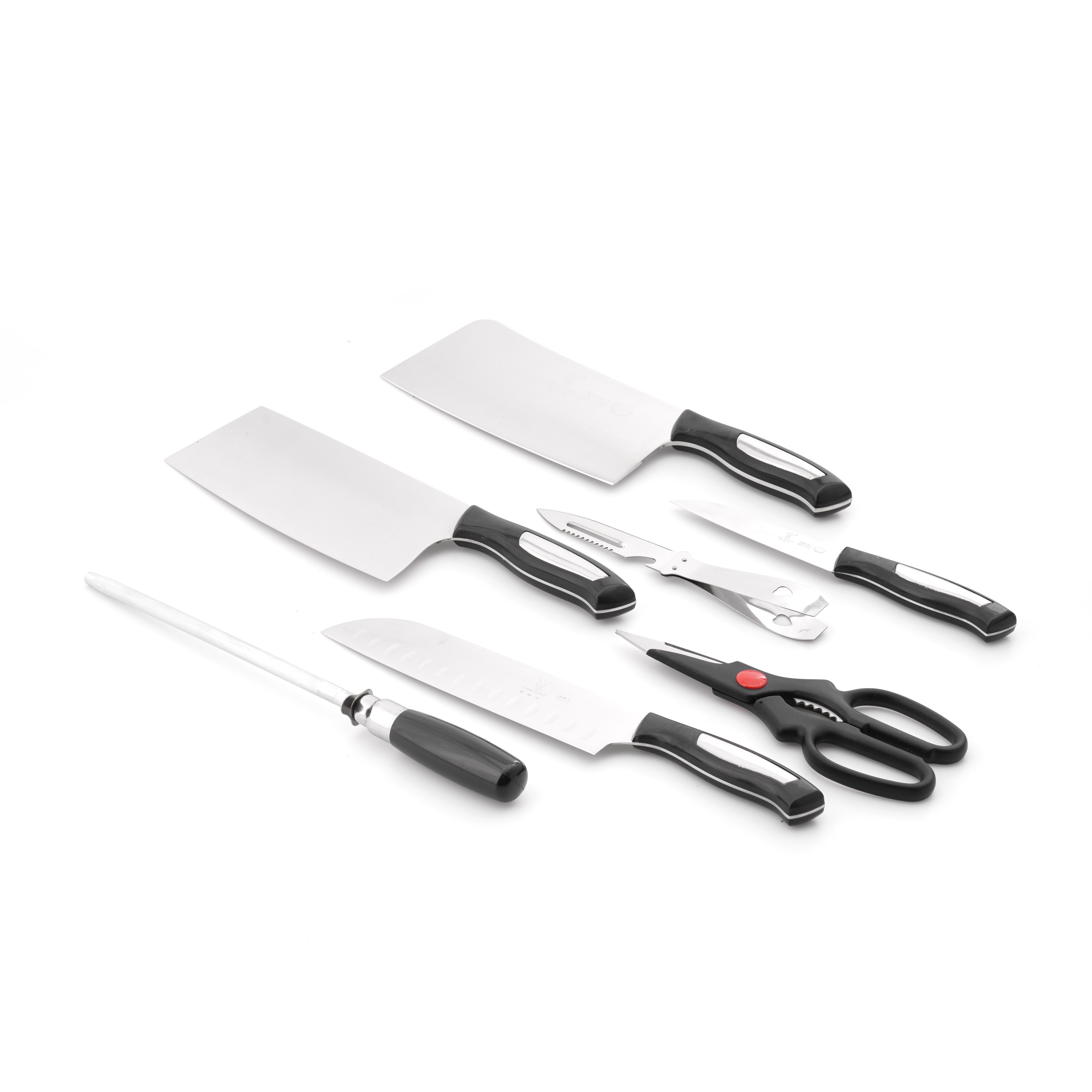 Bộ dao nhà bếp 8 món (4 dao, 1 dao bào, 1 đồ mài, 1 kéo, 1 hộp đựng dao bằng gỗ)