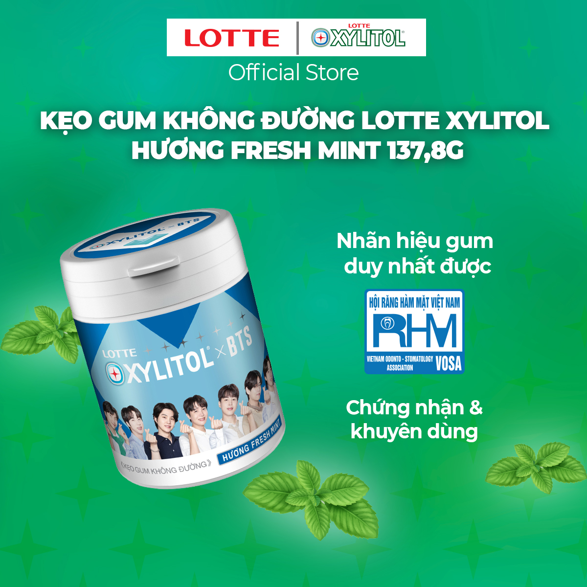 Kẹo Gum không đường Lotte Xylitol - Hương Fresh Mint 130,5 g