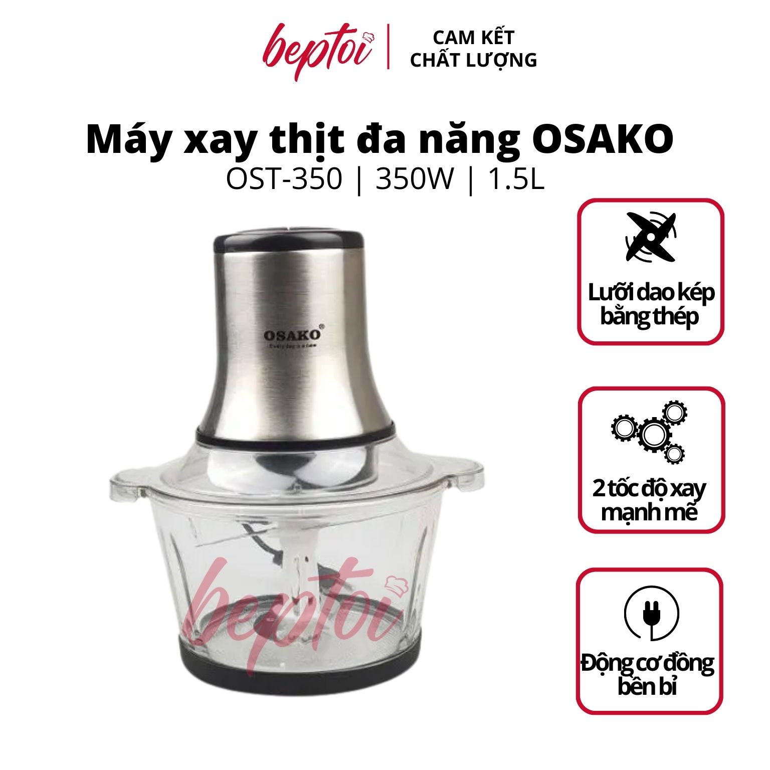 Máy xay thịt cối thủy tinh, dao inox, máy xay đa năng công suất 350W OSAKO OST-350 - Hàng chính hãng