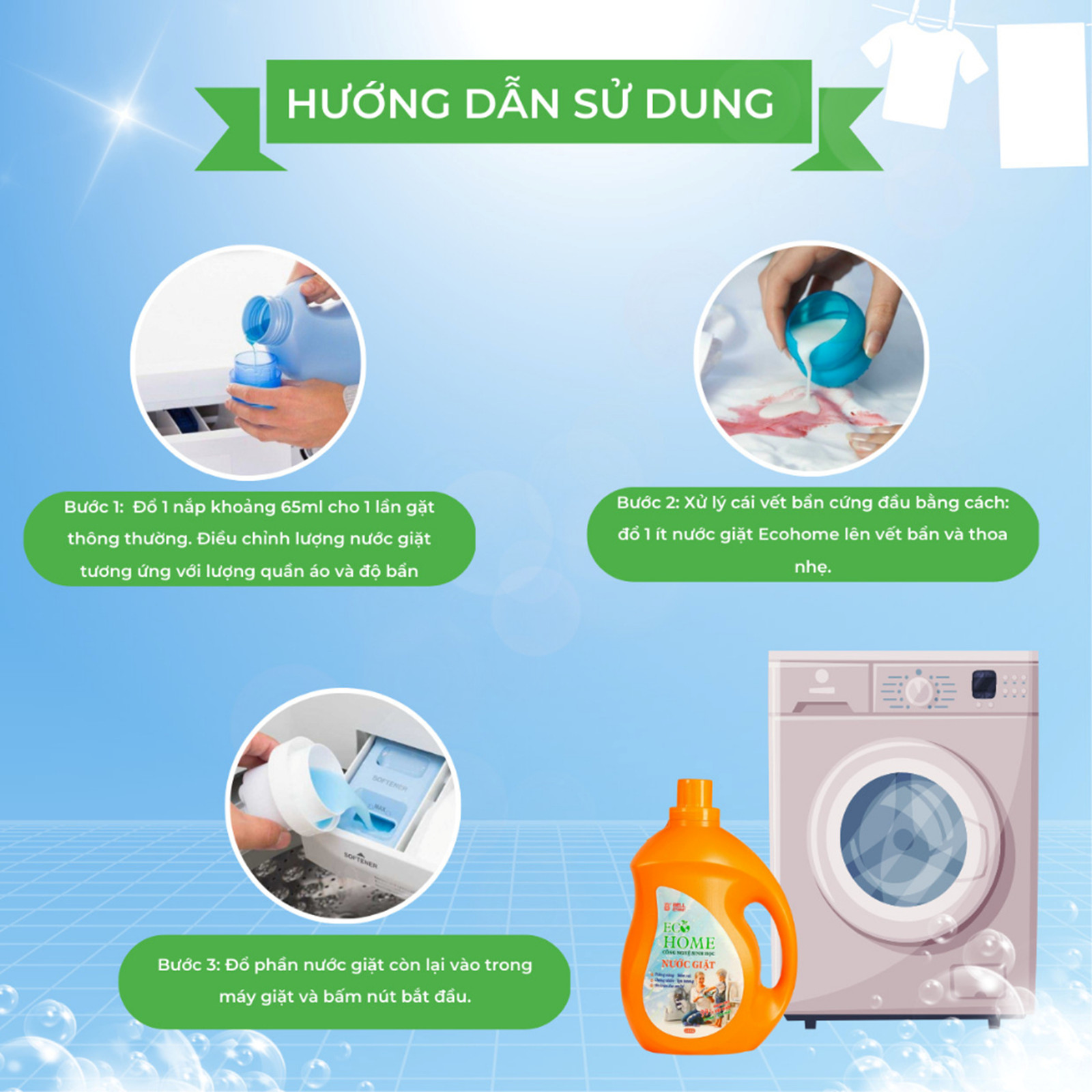 Nước Giặt ECOHOME - Nước Giặt Quần Áo Kim Ngân Store Hương Cá Ngựa, Giúp Loại Bỏ Vết Bẩn Trên Quần Áo