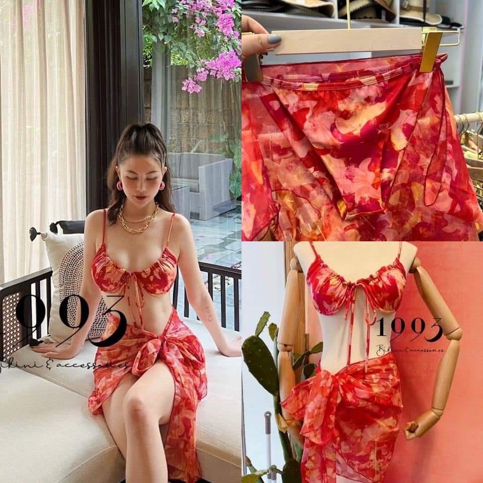 SET BIKIBI, ĐỒ BƠI ĐI BIỂN 3 MÓN ÁO GỌNG HOA  ĐỎ QUẦN TAM GIÁC KHOEN  KÈM KHĂN MẪU MỚI SEXY ODERI