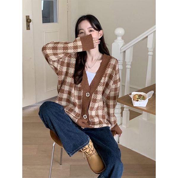 Áo Cardigan Len Chất Dày Khuy Vuông Kẻ Caro Đen Nâu