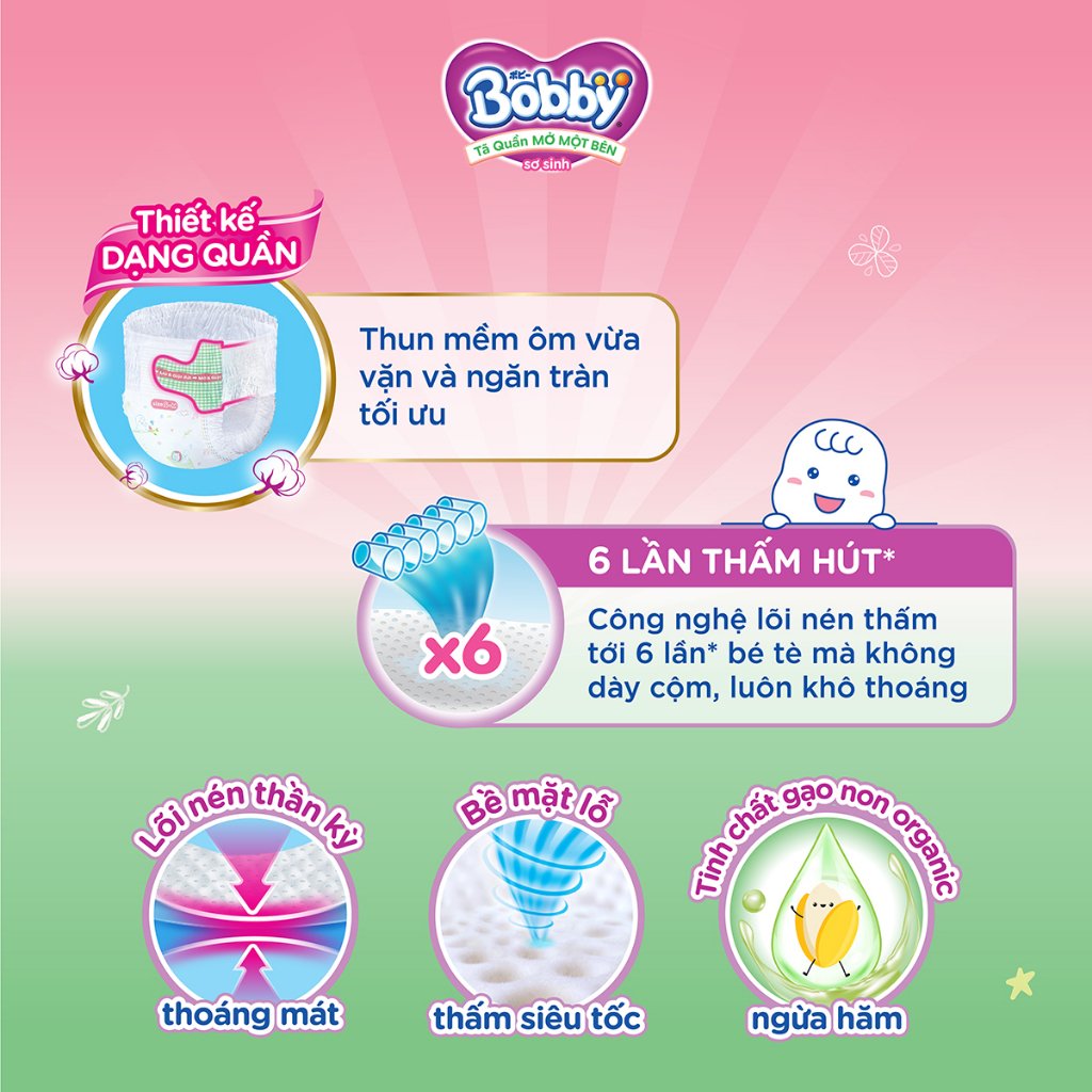 Tã bỉm QUẦN MỞ 1 BÊN BOBBY size NB70+6 miếng