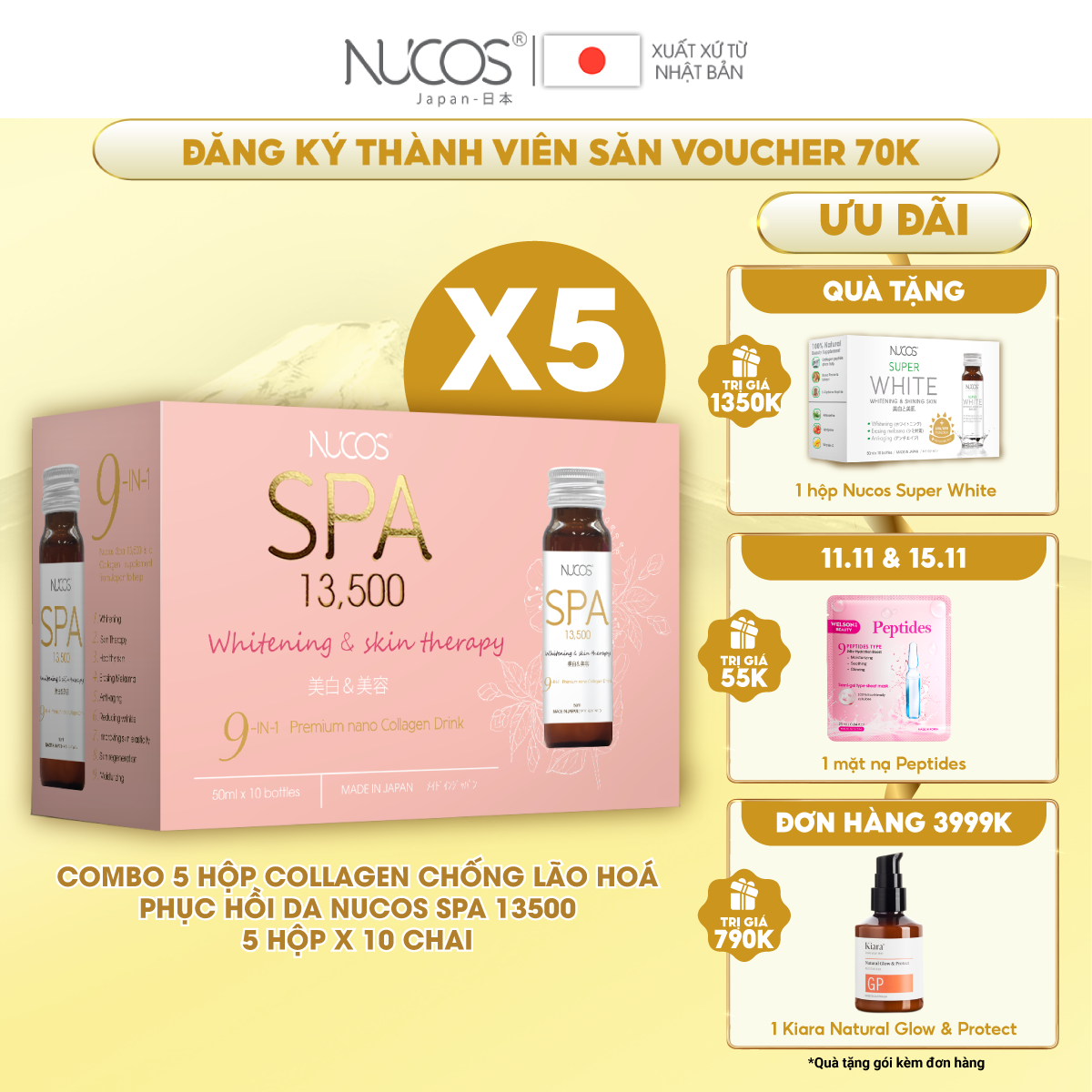 Combo 5 Hộp Collagen chống lão hóa săn chắc da Nucos Spa 13500 5 Hộp x 10 Chai x 50ml