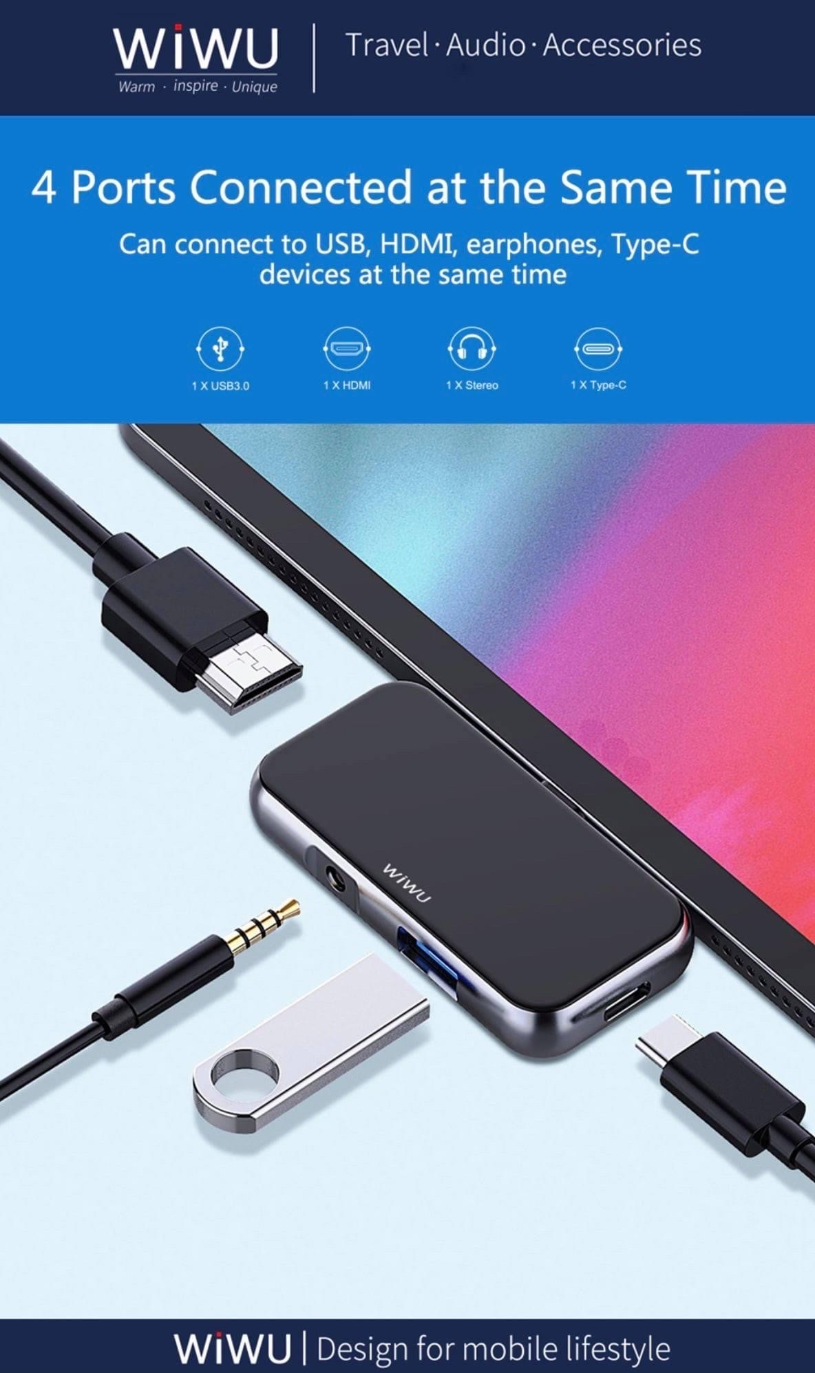 Hub WiWu Alpha 4 In 1 USB-C T5 Pro Vỏ Hợp Kim Nhôm, Cảm Ứng Thoải Mái, Mở Rộng Nhiều Cổng - Hàng Chính Hãng