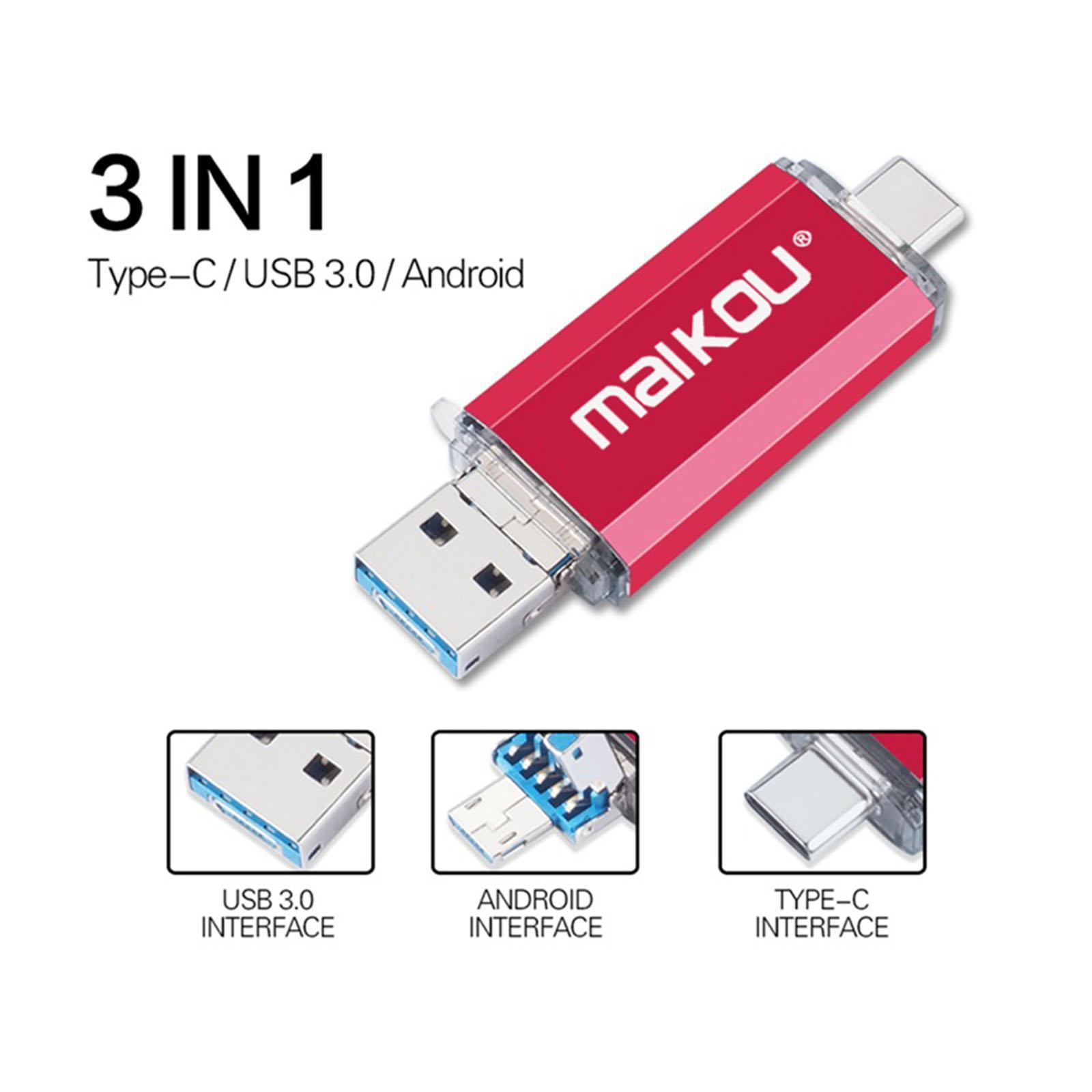 Portable 3 in 1 64GB USB 3.0 Flash Drive Type- USB Memory Stick Blue