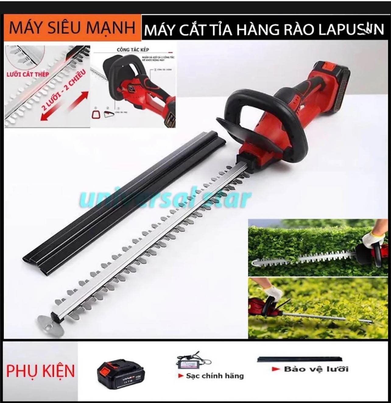 Máy cắt tỉa hàng rào cây cảnh 119V, công suất 1800W, động cơ lõi đồng 100%, máy tỉa cây cảnh dùng pin 119V, chân pin phổ thông, máy cắt tỉa hàng rào chiều dài lưỡi 54cm, Tốc độ lưỡi cắt 1200 rpm.