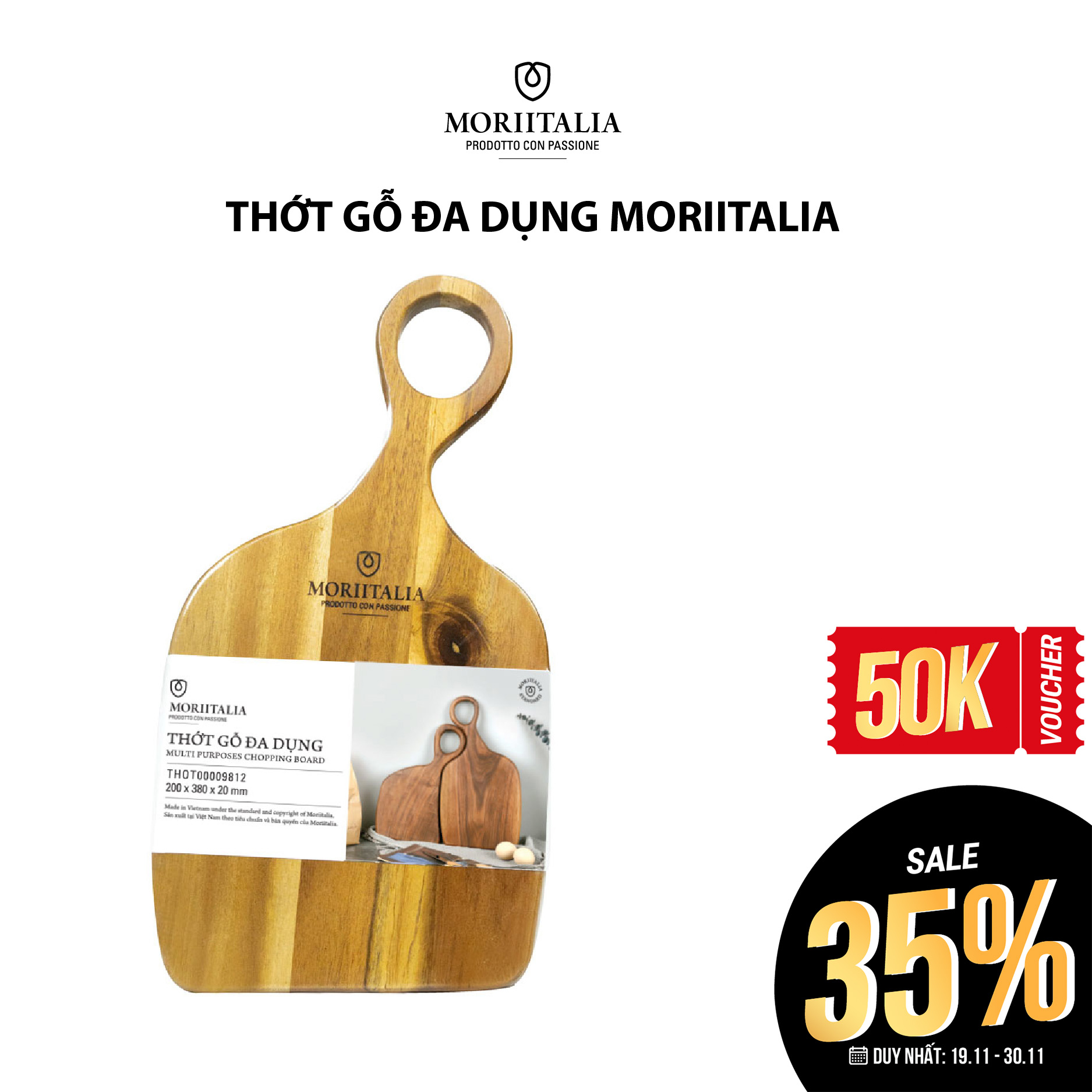 Thớt gỗ đa dụng Moriitalia 200x380x20mm