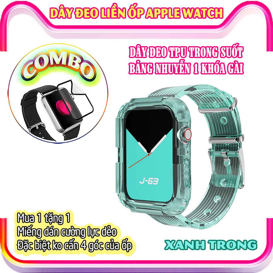 Dây Đeo liền ốp cho Apple Watch size 38/40/42/44mm TPU trong suốt nhuyễn 1 khóa gài_Xanh Trong (tặng dán KCL theo size)