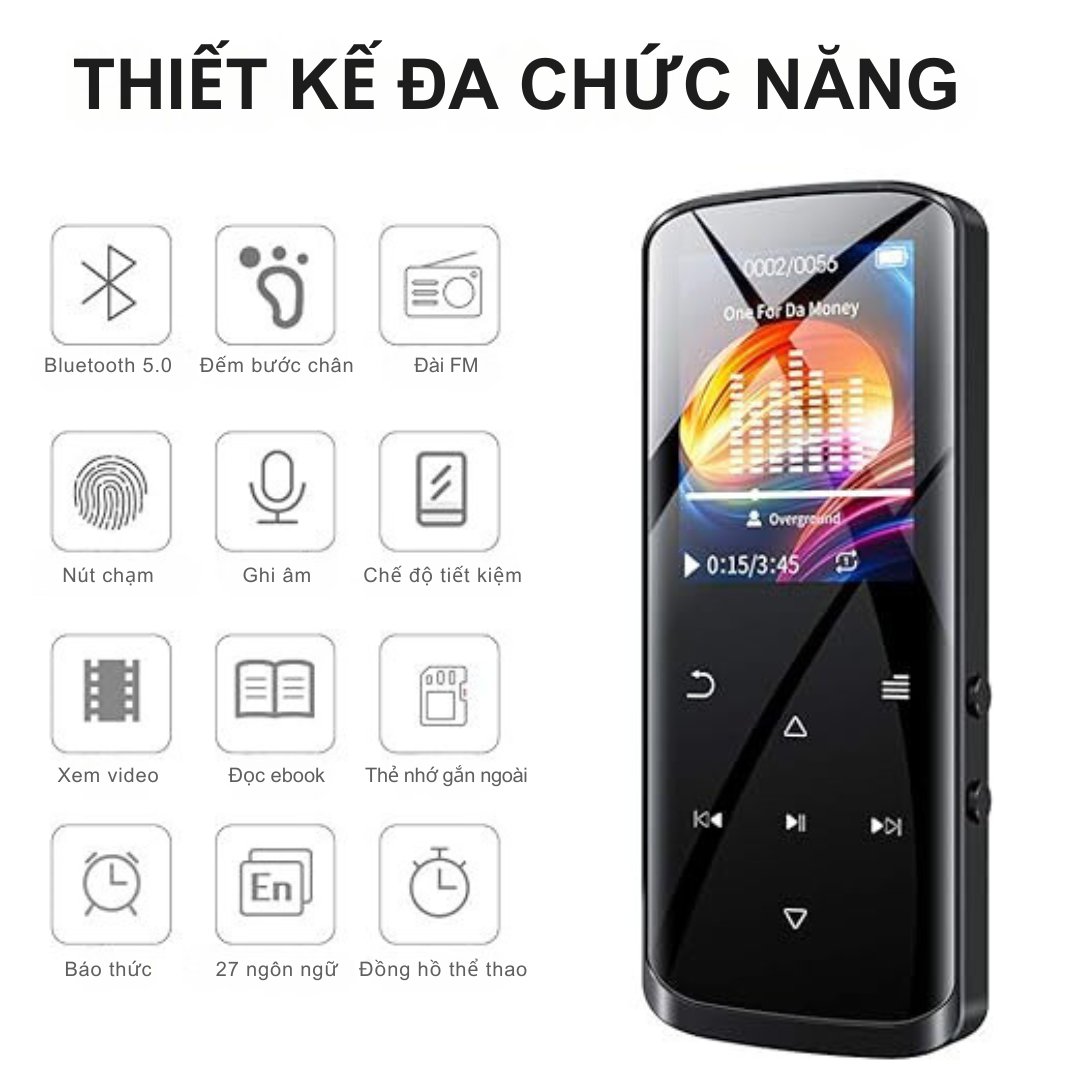 Ruizu D50: Máy nghe nhạc nhỏ gọn, đa năng Thiết kế bền bỉ: Vỏ kim loại chắc chắn, màn hình LCD tiện dụng Nghe nhạc MP3, FLAC với Bluetooth, radio FM, ghi âm  Bộ nhớ 16GB, thẻ nhớ mở rộng Thời gian nghe lâu: Pin 12 giờ, sạc nhanh 3 giờ - Hàng nhập khẩu