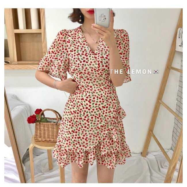 Đầm hoa cherry phối bèo siêu đáng yêu