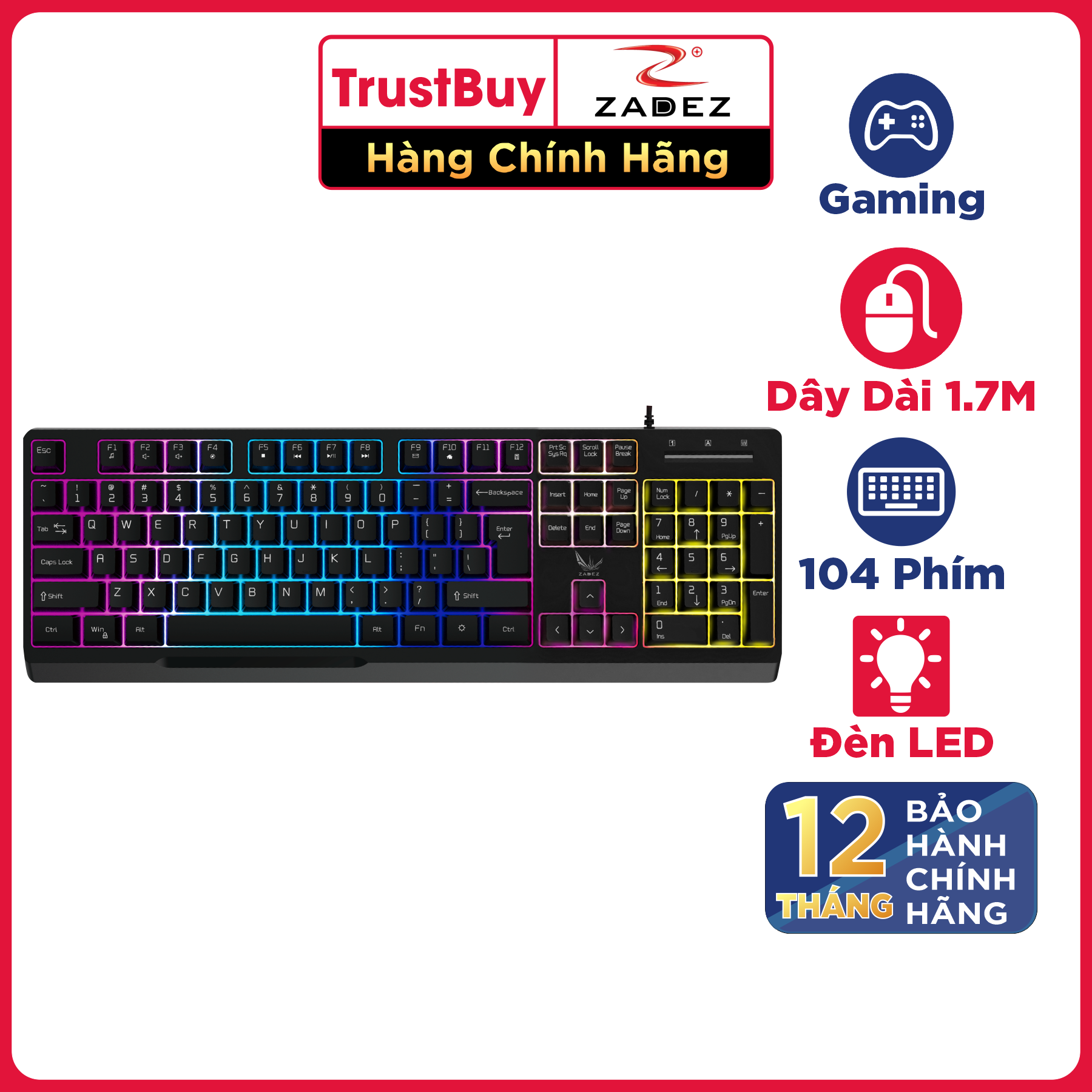 Bàn Phím Gaming ZADEZ G850K Dây USB Dài 1.7M, Đèn LED RGB - Hàng Chính Hãng