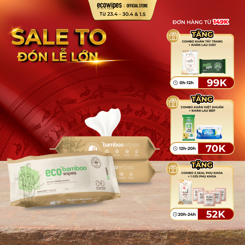 Combo 03 gói khăn giấy ướt cao cấp EcoWipes Bamboo gói 80 tờ vải sợi tre sinh thái không mùi có thể phân hủy