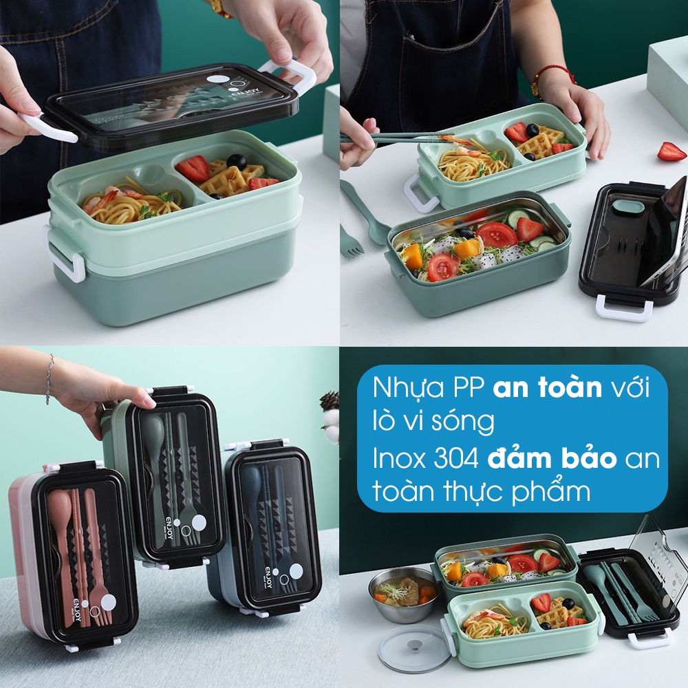 Hộp cơm giữ nhiệt 2 tầng ruột inox 304, có hộp canh chống tràn ENJOY MEAL