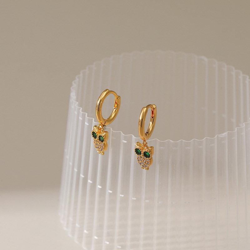 Bông tai zircon thiết kế con cú bông tai động vật nhỏ bông tai mặt dây chuyền nhỏ vàng 18K tinh tế