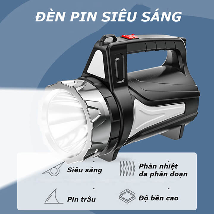 Đèn pin xách tay siêu sáng chiếu xa 300m, đèn Led cầm tay đa năng 4 chế độ,pin trâu, chống thấm nước có dây đeo