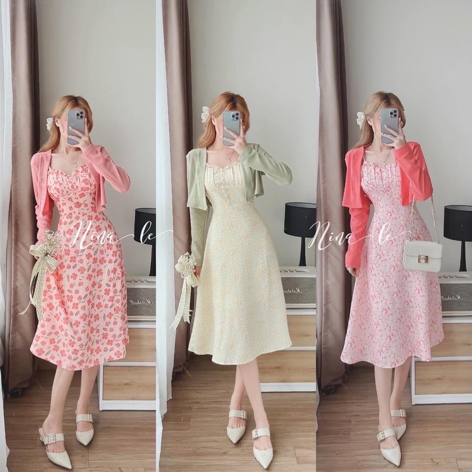 Set đầm midi hoa kèm áo khoác hồng