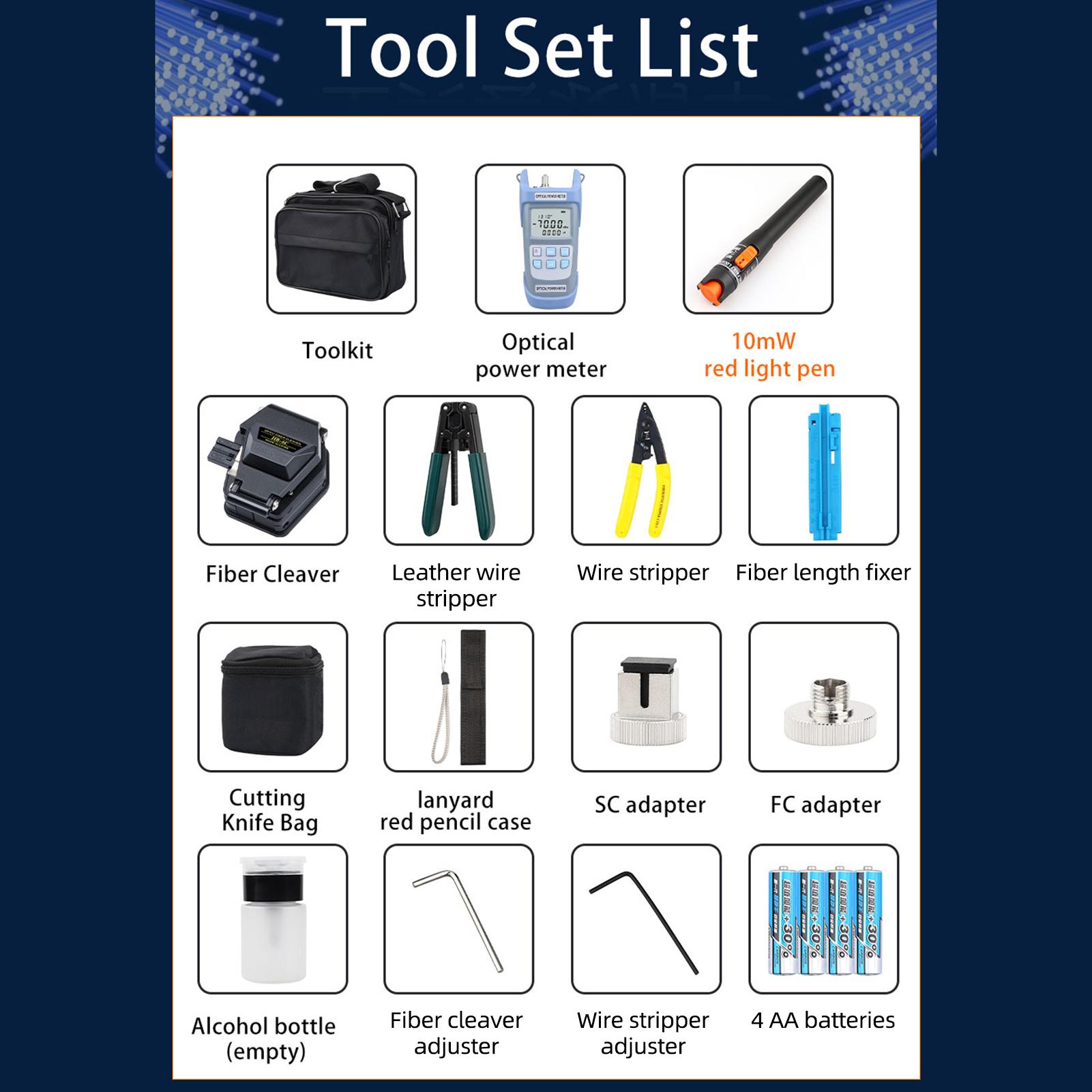 Cold Contact Optical Fiber Tool Set Fiber Cleaver Set with Optical Power Meter 10mW Red Light Pen Wire Stripper Storage Bag