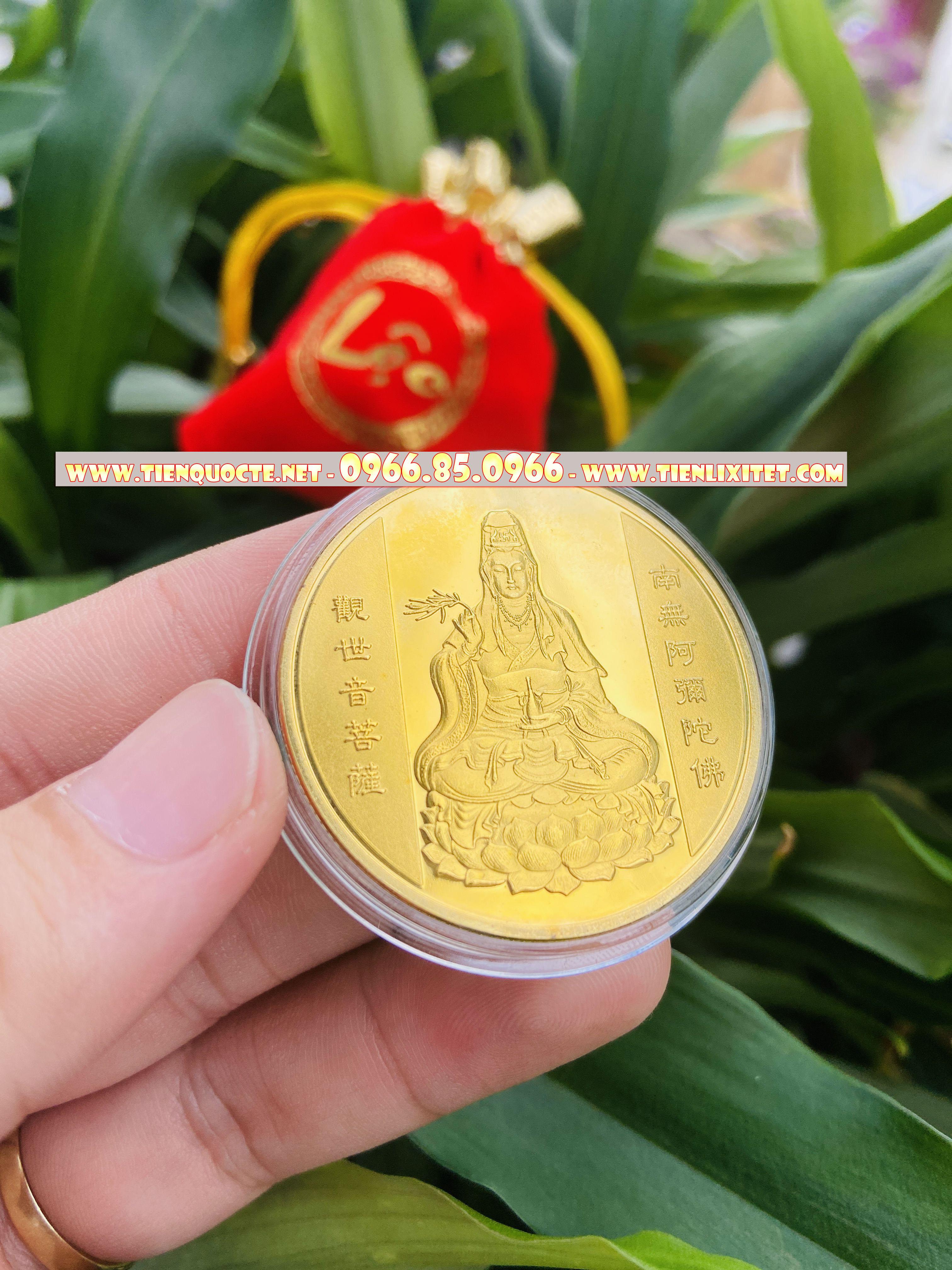Quà tết 2023 lì xì Đồng Xu Quan Âm Bồ Tát Phong Thuỷ May Mắn Tặng Kèm Túi Gấm QTLNC000169