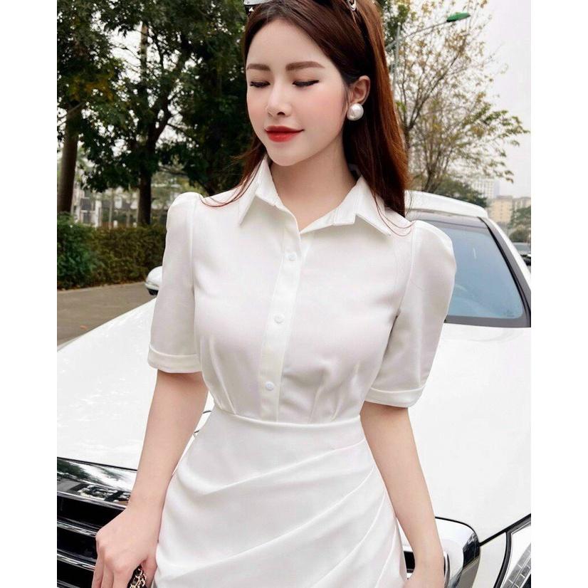 ĐẦM XÒE TRẮNG CỔ SƠ MI XẾP LY HÔNG