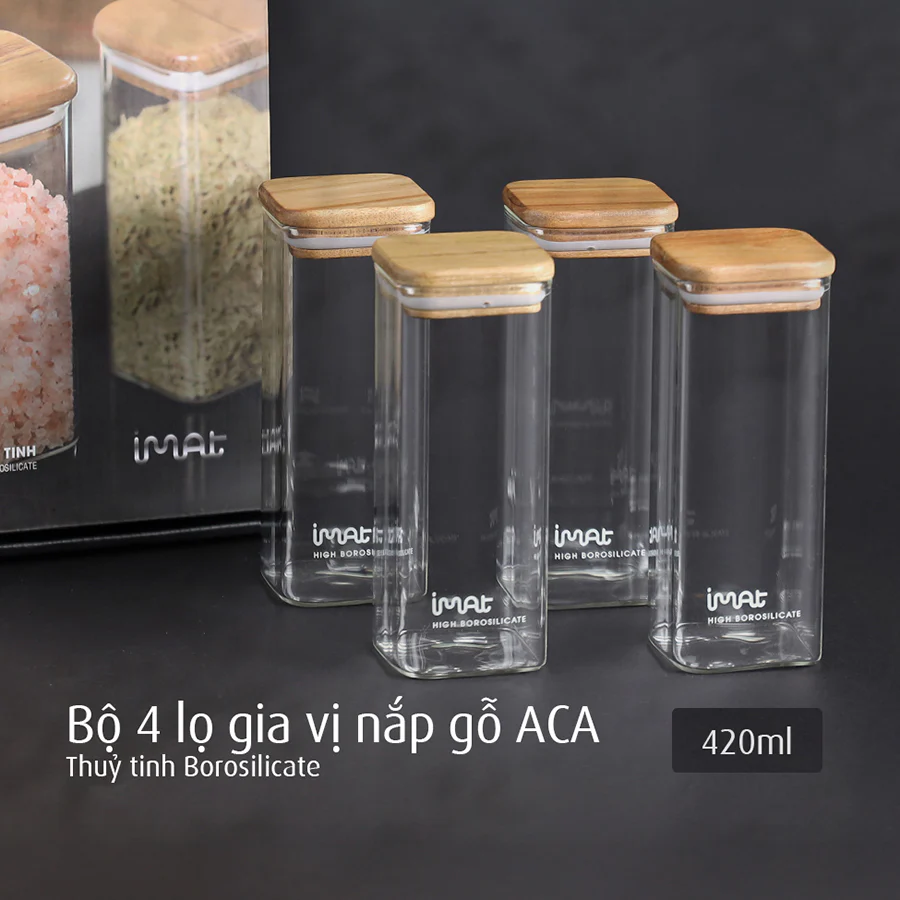 Bộ 4 Hũ Gia Vị Imat Thủy Tinh Nắp Gỗ Acacia ACA 400ml Sang Trọng Tiện Dụng