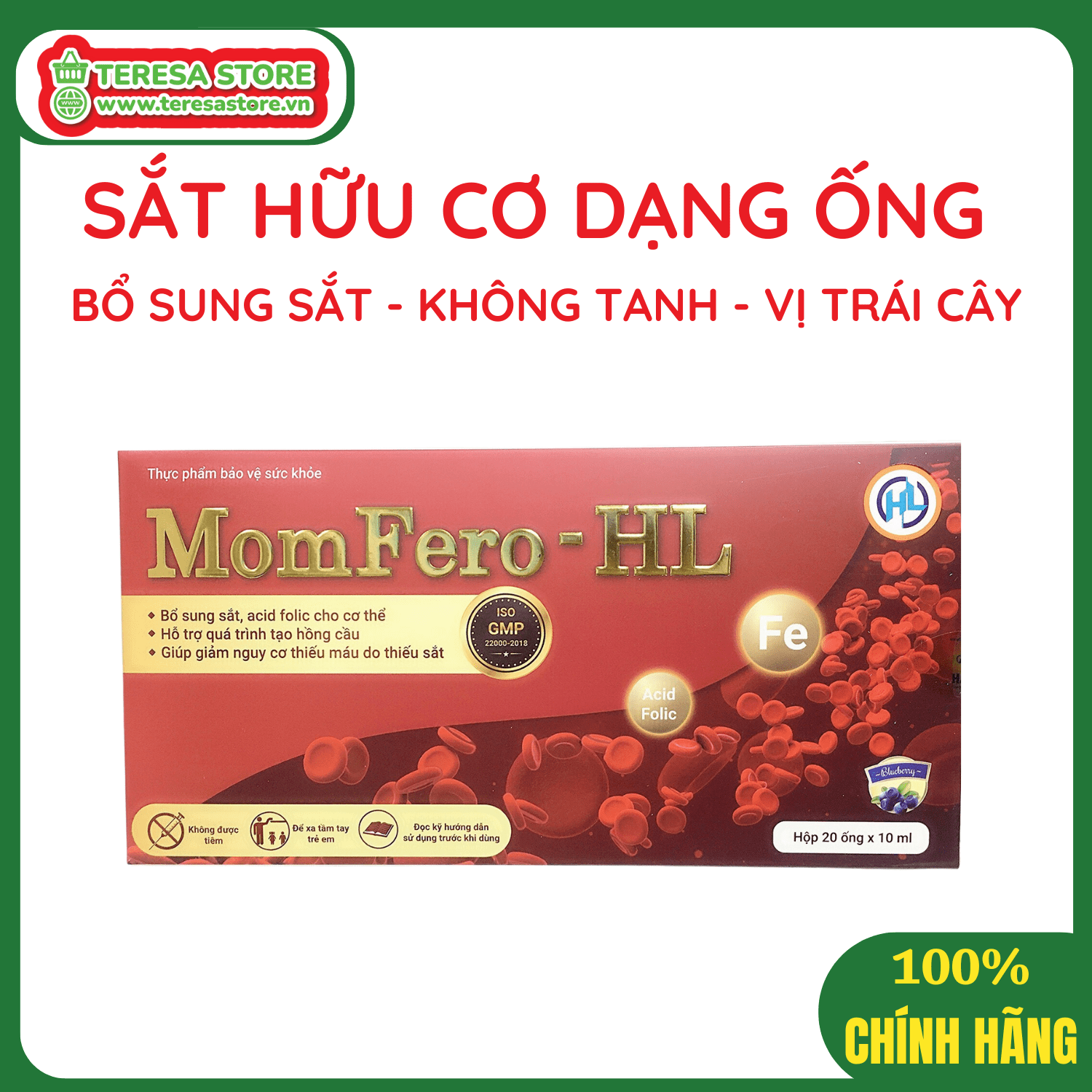 Sắt Nước Hữu Cơ Momfero HL Hộp 20 ống Giúp bổ máu, ngừa thiếu máu do thiếu sắt