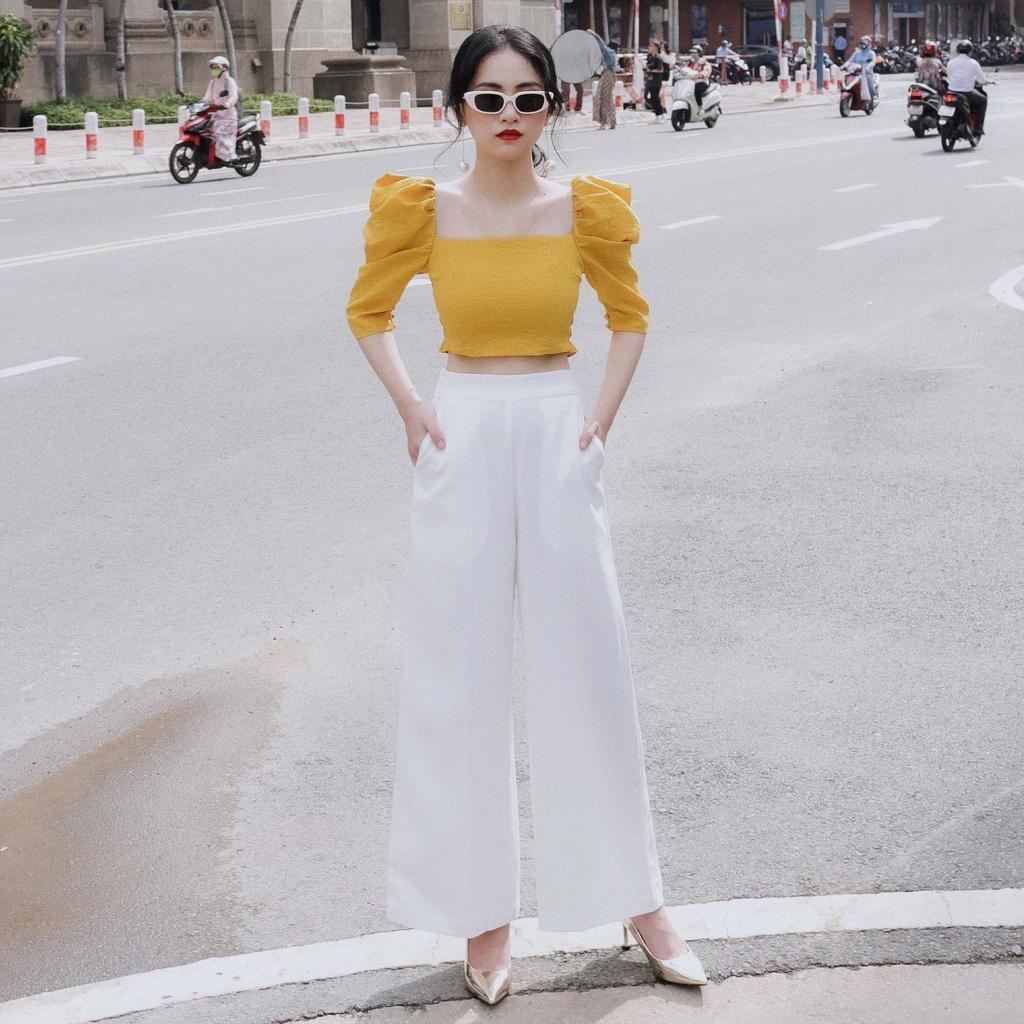 KIOBI – Quần dài Long Pants form suông cơ bản,lưng cao,ống loe,có túi, nhún thun sau eo, vải cotton bố trắng - KIQ19111T