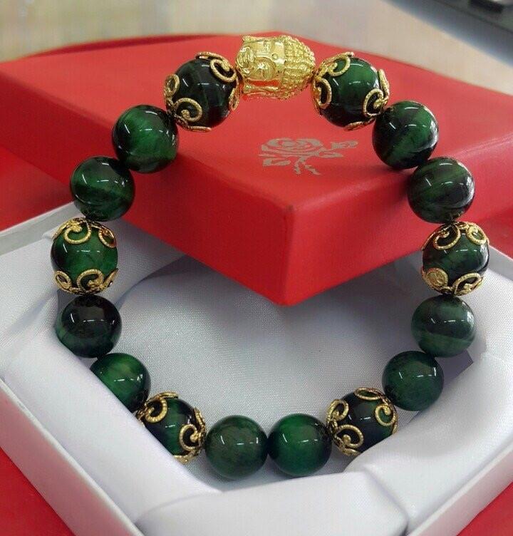 Vòng tay phong thủy đá Mắt Hổ Xanh Lá 10 ly mix charm