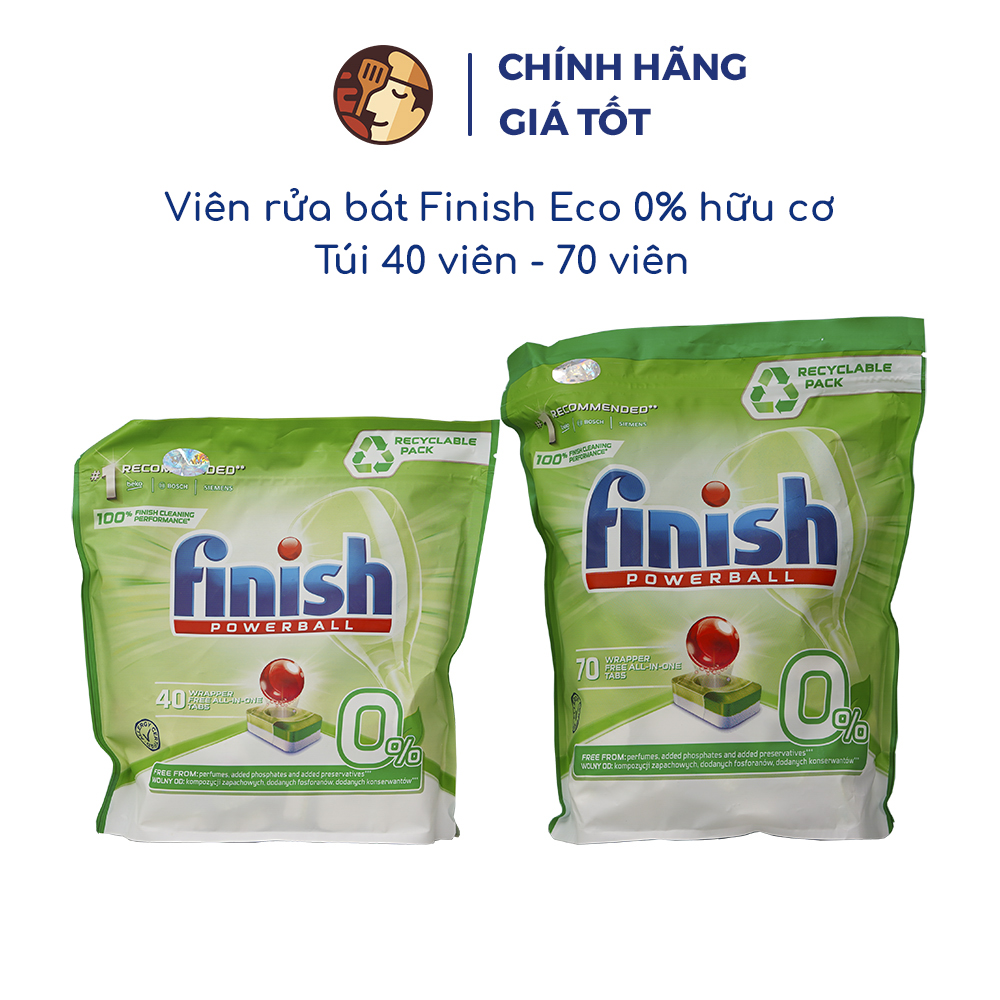 Viên rửa chén bát Finish All - in - 1 Max Eco 0% chính hãng, an toàn, thân thiện với môi trường - Túi 40 viên, 70 viên