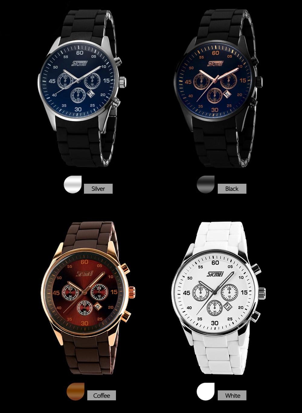 Đồng hồ thời trang nam chống nước SKMEI 3ATM với 3 mặt số phụ với dây đeo bằng hợp kim silicone