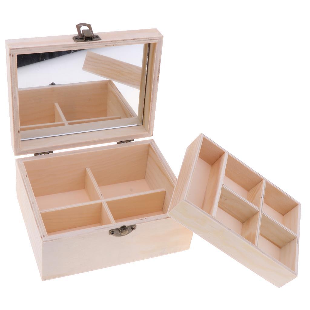 Rectangle Wood Box Jewelry Case Wedding Gift Makeup Cosmetic Earrings Ring Desk Rangement Make Up Wooden Organizer with Mirror - 2 Layers