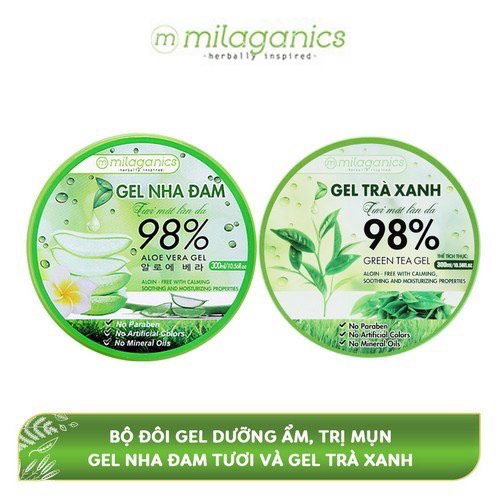 Combo Gel Trà Xanh + Gel Nha Đam Tươi Mát Làn Da Milaganics (300ml / Hộp)