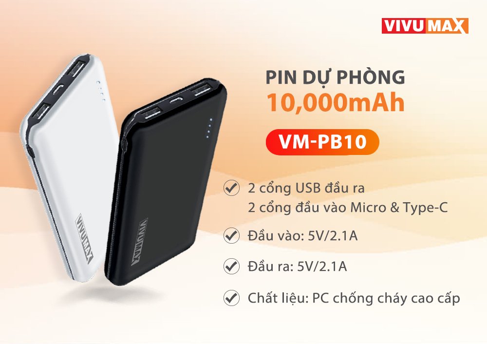 Pin dự phòng Vivumax PB10 với dung lượng 10.000 mAh – 2 cổng đầu vào (Micro &amp; Type-C), Pin Polymer, chất liệu PC chống cháy cao cấp – Hàng Chính Hãng