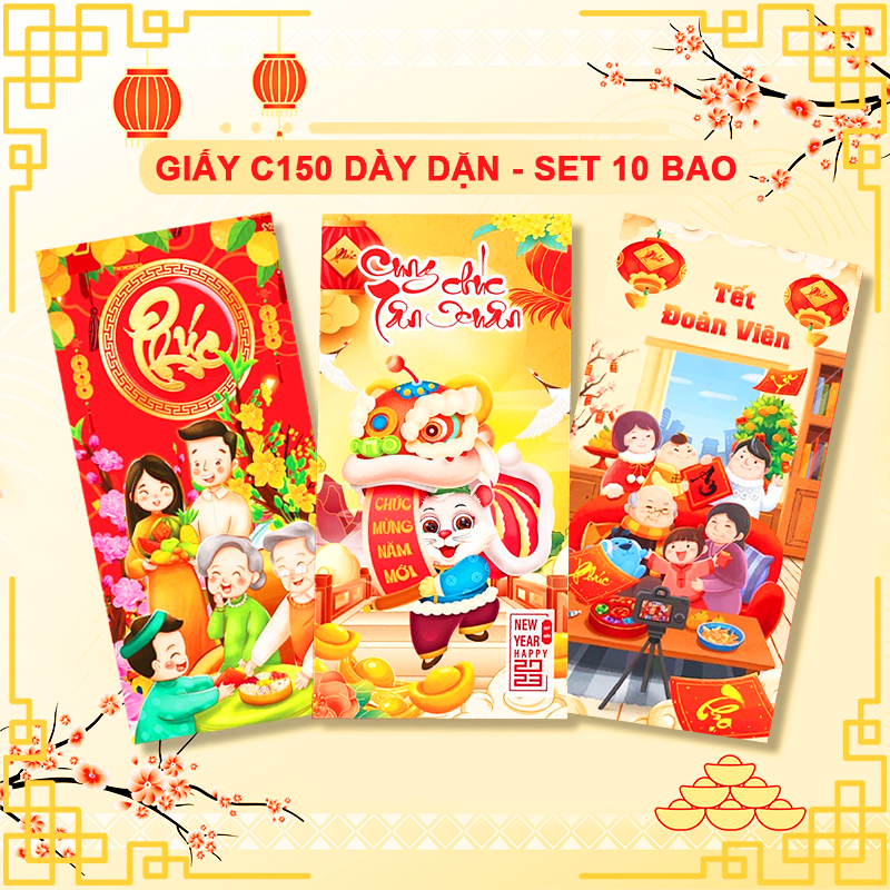 Bao lì xì Tết dày dặn họa tiết in sắc nét Baby-S, Set 10 bao lì xì Giáp Thìn 2024 cao cấp – SLX005