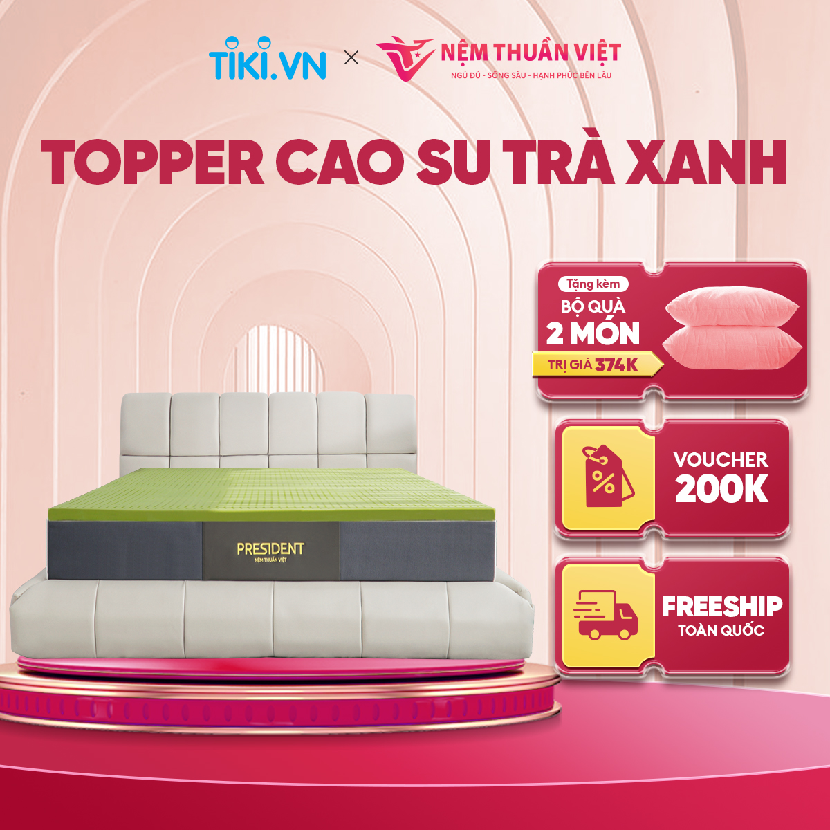 Topper cao su trà xanh Thuần Việt - Topper Nệm Cao Su Thiên Nhiên, Tăng độ êm ái khi nằm, Đàn Hồi, Kháng Khuẩn