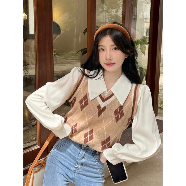 Áo gile len nữ kẻ sọc caro cổ chữ V họa tiết kim cương phối viền kiểu Hàn Quốc hàng Quảng Châu đẹp H-14