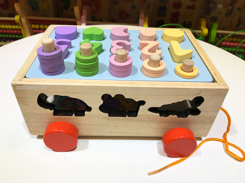 Xe kéo ô tô thả hình khối, con vật, học số và tập đếm xâu hạt đồ chơi gỗ