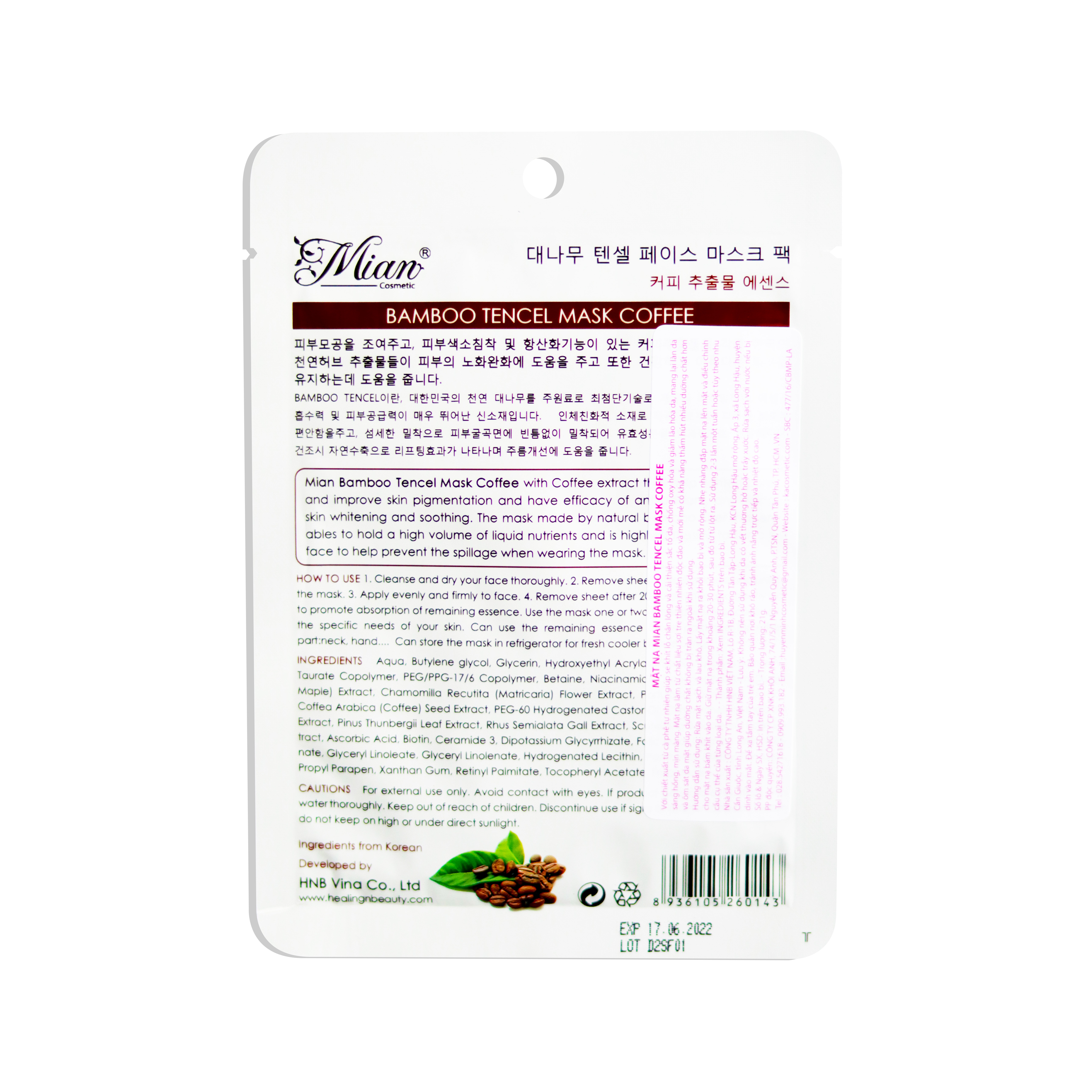Mặt Nạ Dưỡng Da Mian Bamboo Tencel Mask Coffee Chiết Xuất Cà Phê 21g