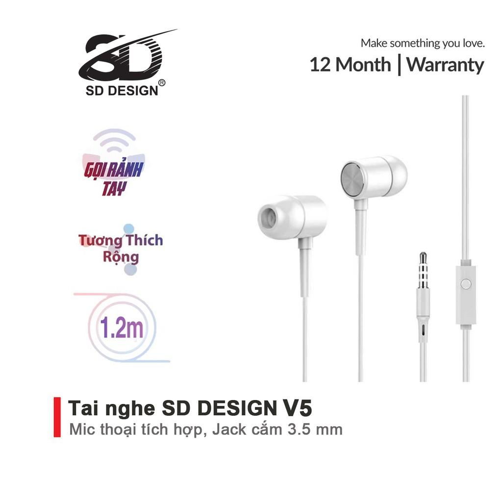 Tai Nghe Nhét Tai SD Design V5 Super Bass tương thích các dòng điện thoại jack 3.5mm, có mic bảo hành 1 đổi 1