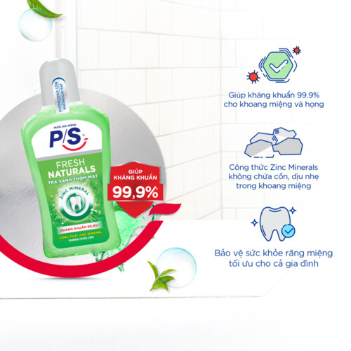 Combo 2 Nước Súc Miệng P/S Trà Xanh Zinc Mineral Không Cồn Không Cay Rát Kháng Khuẩn 99.9% Hơi Thở Thơm Mát 500Ml/Chai