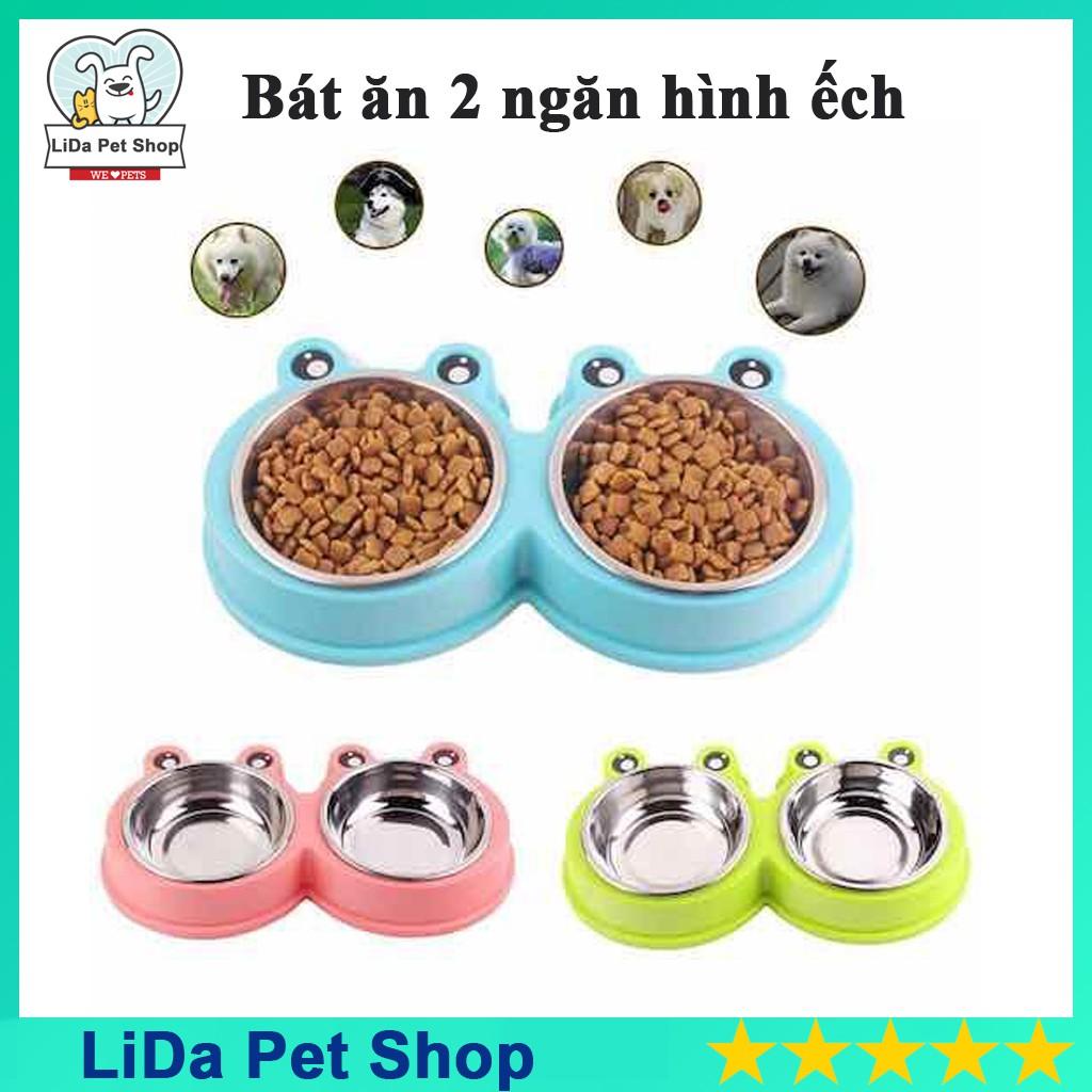 Bát ăn cho chó, bát ăn cho mèo 2 ngăn hình ếch lòng inox dễ vệ sinh siêu cute