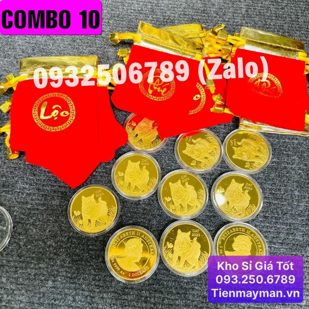 Tiền Xu Vàng Con Mèo Úc Mừng Năm Quý Mão - túi LỘC gấm đỏ tặng kèm mỗi xu