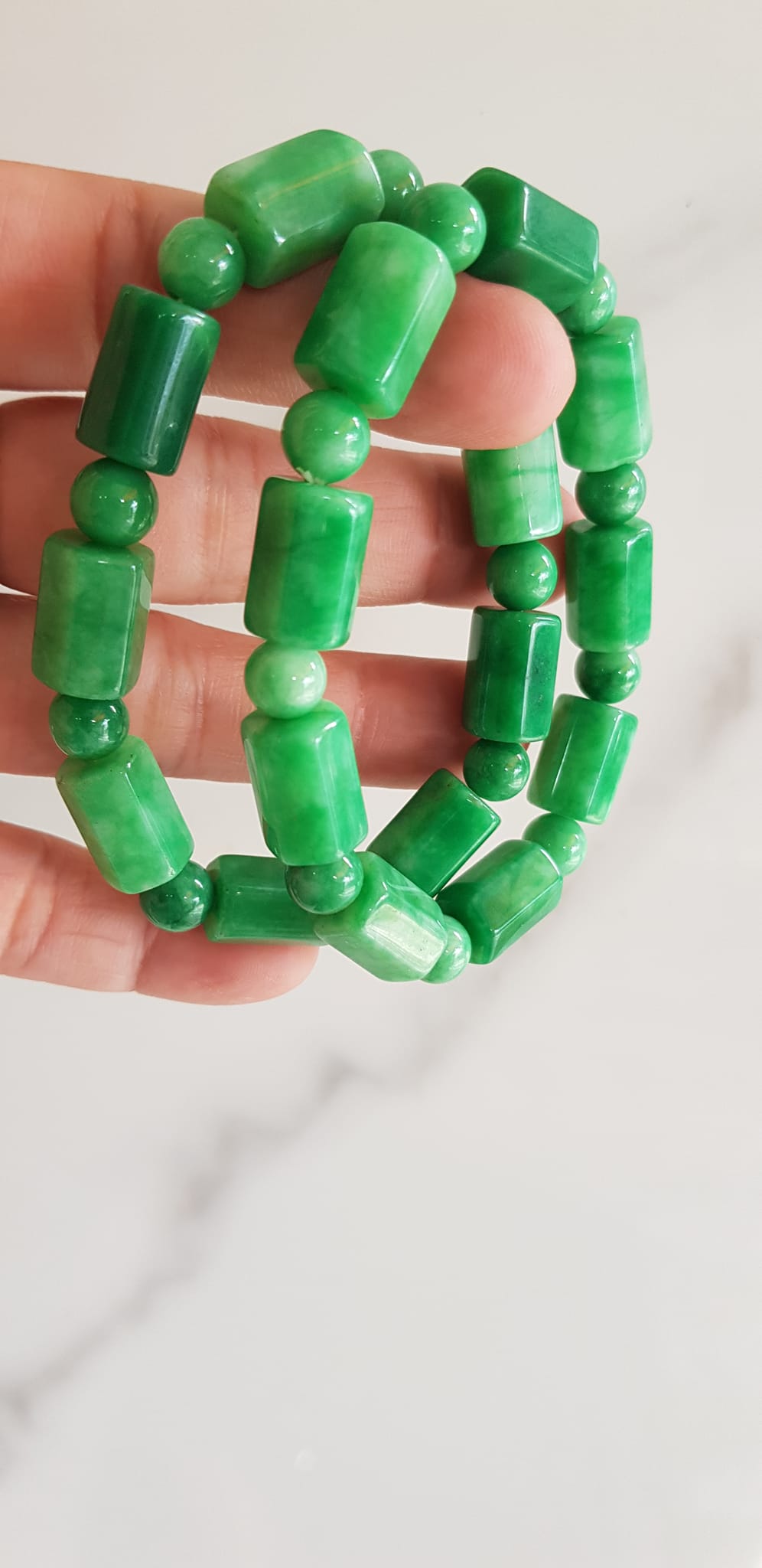 Vòng đeo tay nữ đá cẩm thạch xanh mix kiểu hạt ống vuông dài tròn size 10mm Nữ mệnh mộc hỏa thủy đeo xinh may mắn ạ