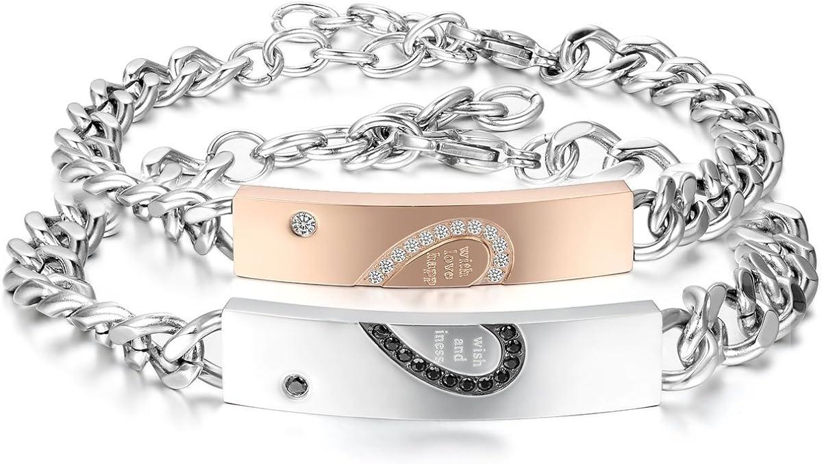 1 cặp  Đối tác nữ của nam giới với bản khắc, dây đeo tay tay bằng thép không gỉ, màu vàng hồng vàng