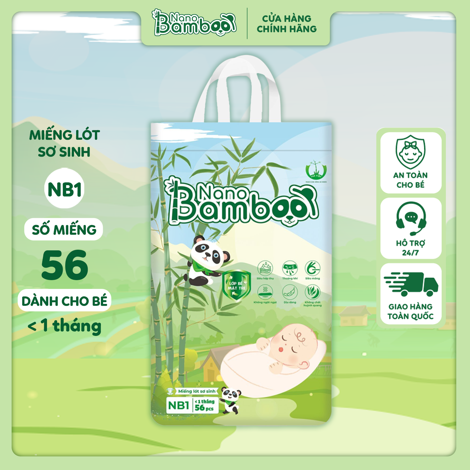 [Chính Hãng][Ảnh thật] Bỉm Dán Sơ Sinh NB1 (dưới 1 tháng) - NANO BAMBOO (56 miếng)